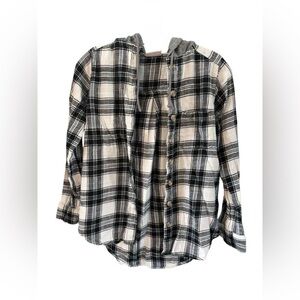 SO Black and White Plaid Button-Down Shirt with Hood